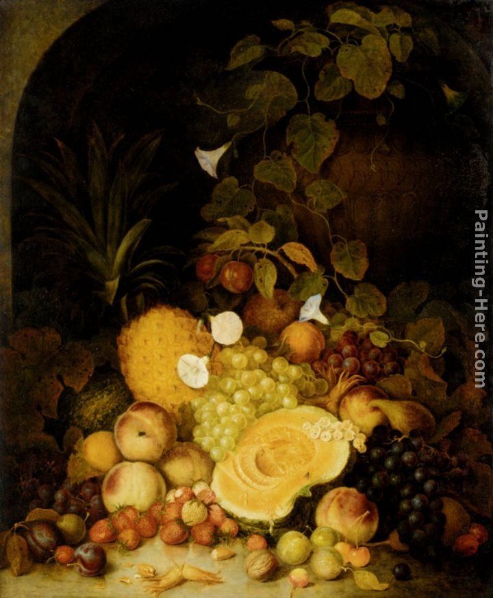 George Lance Still Life With Peaches, Plums, Strawberries And Tropical Fruits In An Architectural Miche